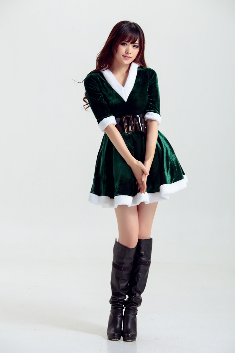 FC150 Green Christmas Uniform Sexy Pajamas Ruffled Hooded Nightclub Dress